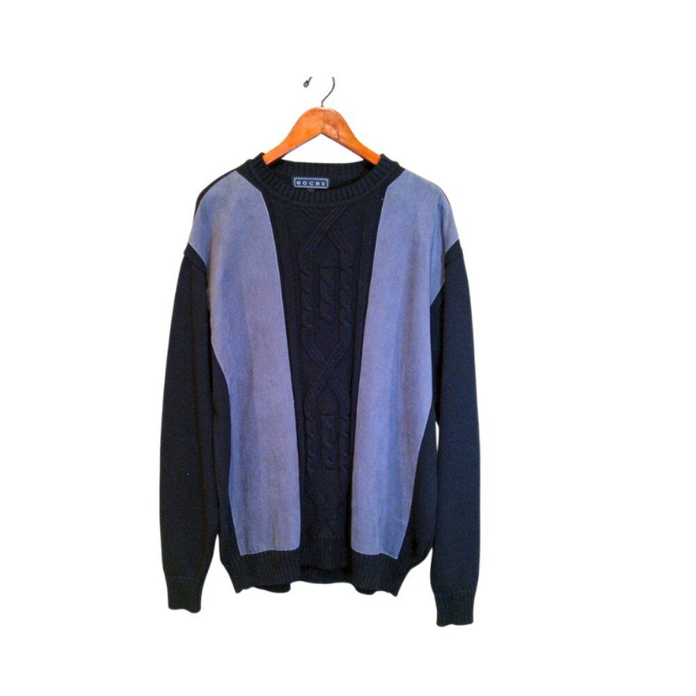 Gochu Men Sweater Size M Cable Knit Black and Grey Colorblock with Suede